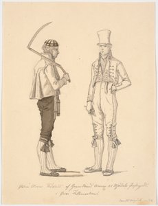 Agricultor em pé com foice e agricultor em traje da cidade de Martinus Rørbye