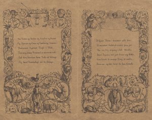 Duas capas com enfeite de corrente em loop com animais para "Halfhundred Fables for Children" com letras de Martinus Rørbye