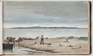 Vista para uma paisagem de praia com nuvens de tempestade no céu. Dois homens trabalham em um barco e um incêndio em primeiro plano de Martinus Rørbye