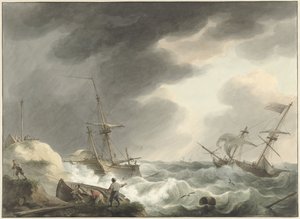 Naufrágio de dois navios, um com a bandeira dos EUA, numa costa de dunas