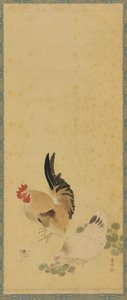 Galo, galinha e pintainho, período Edo, século XVIII.