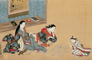 Mulheres a jogar às cartas, por Maruyama Okyo (1733-1765), pintura em seda em estilo ukiyo-e, Japão