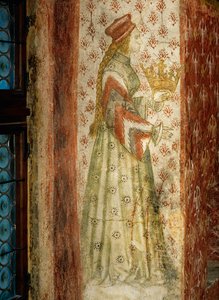 Margarete Maultasch, condessa do Tirol, num mural numa janela da câmara de banhos do castelo de Runkelstein, no Tirol do Sul ... (pintura mural)
