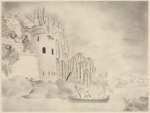 A Torre Solitária (Castelo num rio com salgueiros e um barco) de Mary Altha Nims