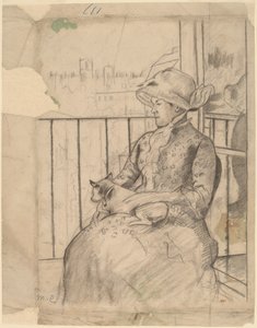 Susan em uma varanda segurando um cachorro [reto] de Mary Cassatt