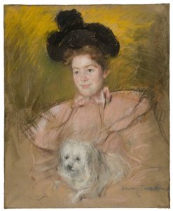 Mulher em Raspberry Costume Holding a Dog, c. 1901. de Mary Cassatt