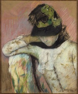 Jovem com um gorro preto e verde, a olhar para baixo de Mary Cassatt