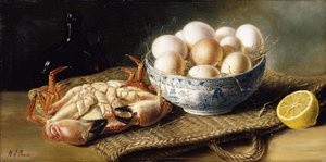 Um caranguejo e uma tigela de ovos em uma cesta, com uma garrafa e meio limão de Mary E. Powis