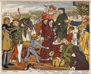 Geoffrey Chaucer, The Canterbury Tales, The Pilgrims leaving The Tabard Inn (cor litho)