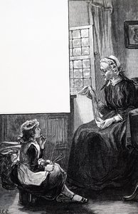 Uma avó a examinar os esforços da criança para tricotar de Mary Ellen Edwards