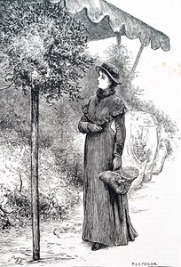 Uma mulher a comprar azevinho para usar nas decorações de Natal. Por Mary Ellen Edwards (1838-1934) uma artista inglesa de Mary Ellen Edwards