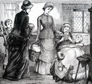 Uma mulher a dar presentes a um pobre coabitante. Por Mary Ellen Edwards (1838-1934) uma artista inglesa de Mary Ellen Edwards