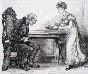 Uma mulher a dar um jantar quente ao varredor da travessia. Por Mary Ellen Edwards (1838-1934) uma artista inglesa de Mary Ellen Edwards