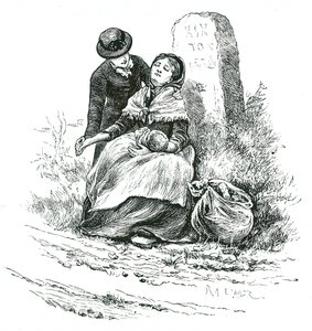 Uma mãe despossuída e solteira encontrada exausta a caminho da Casa de Trabalho com o seu bebé. Cena que lembra um romance de Thomas Hardy, mas não raro em zonas rurais de todo o país. Ilustração de Mary Ellen Edwards c1881. de Mary Ellen Edwards