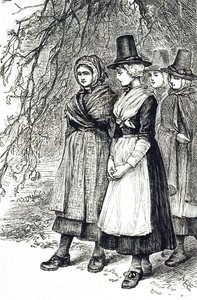 Uma gravura representando meninas galesas em uma Feira Hollantide, uma feira de contratações, esperando para serem contratadas como empregadas domésticas. Ilustrada por Mary Ellen Edwards (1838-1934), artista e ilustradora inglesa de livros infantis. de Mary Ellen Edwards