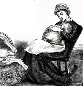 Uma gravura a representar uma mãe a abanar o seu bebé. Ilustrada Mary Ellen Edwards (1838-1934), artista inglesa e ilustradora prolífica de livros infantis. de Mary Ellen Edwards