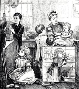 Uma gravura que retrata uma cena regular de uma família vitoriana rica. Na imagem principal, as crianças estão sendo vigiadas por sua babá enquanto brincam com tijolos de construção. A imagem do encarte mostra uma pequena menina colocando uma planta em vas de Mary Ellen Edwards