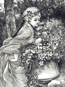 Uma gravura que representa uma jovem rapariga a cheirar a flores, alojada numa urna de jardim. Ilustrada por Mary Ellen Edwards (1838-1934), artista e ilustradora inglesa de livros infantis. de Mary Ellen Edwards