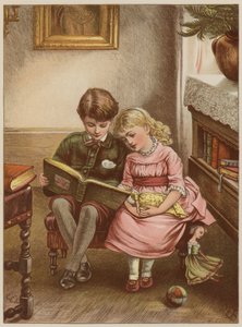 Menino e menina lendo livro (chromolitho) de Mary Ellen Edwards