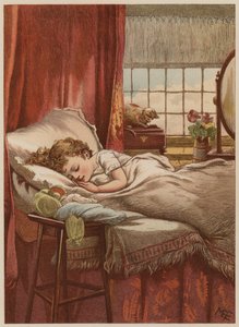 Criança dormindo na cama (chromolitho)