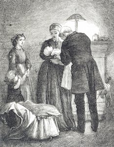 Gravura representando um médico examinando um bebê com sarampo de Mary Ellen Edwards