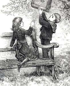 Gravura representando crianças com seu pardal de estimação em sua gaiola de Mary Ellen Edwards
