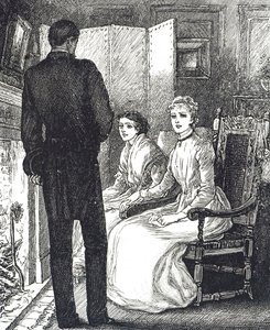 Gravura retratando duas mulheres mantendo-se quentes ao lado da lareira de Mary Ellen Edwards