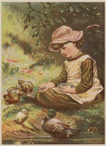 Menina, alimentação, ducklings, (chromolitho)