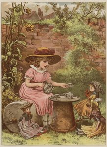Menina servindo chá para suas bonecas (chromolitho) de Mary Ellen Edwards