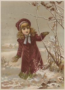 Menina tomando pão para alimentar as aves na neve (chromolitho) de Mary Ellen Edwards