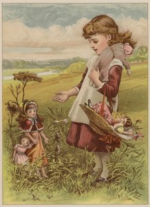 Menina levando suas bonecas para passear (chromolitho)