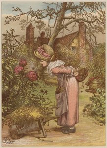 Menina, observar, abelha, jardim, (chromolitho) de Mary Ellen Edwards