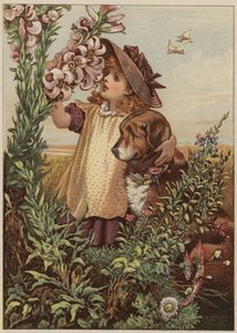 Menina, com, cão, cheirando, flores, (chromolitho)