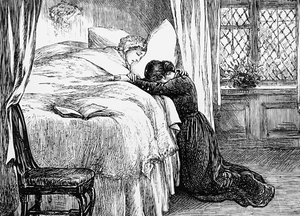 Ilustração retratando uma filha chorando no leito de morte de sua mãe