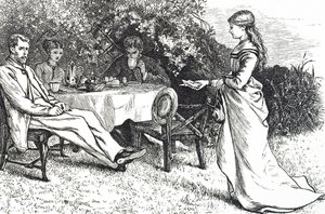 Ilustração de uma família a tomar o pequeno-almoço no jardim de Mary Ellen Edwards