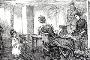 Ilustração de uma menina sendo cuidada por suas tias e tio por uma tarde de Mary Ellen Edwards