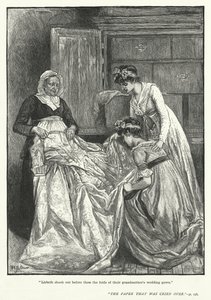 "Lisbeth sacudiu diante deles as dobras do vestido de noiva da avó" (gravura) de Mary L. Gow