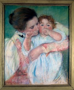 Mãe e filho sobre fundo verde ou Pintura Maternidade de Mary Cassatt (1844-1926) 1897 Sol. 0,55x0,46 m Paris, musee d