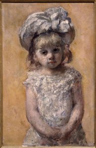 Retrato de menina ou vestido de renda. Retrato de uma menina com um vestido branco parece triste. Pintura da americana Mary Cassatt (1844-1926)