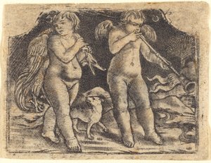 Cupido carregando uma ave acompanhada por um cachorro e outro cupido tocando trompete de Maso Finiguerra