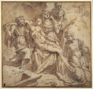 A Pieta (caneta e tinta marrom com lavagem marrom em papel branco)