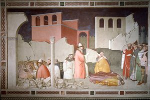 Episódios da passagem de ano: Papa São Silvestre I (Silvestre ou Silvestro) (314-335) fecha a boca do dragão (esquerda) e ressuscita dois terraços de magos pelo sopro do dragão (Papa Silvestre I afastando um dragão e reanimando as suas vítimas) - Fre