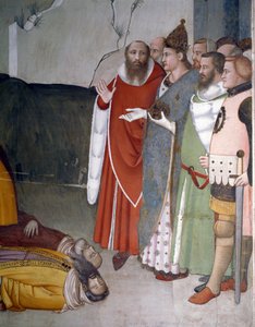 Episódios da passagem de ano: Papa São Silvestre I (Silvestre ou Silvestro) (314-335) levanta dois magos (São Silvestre levanta dois magos) Fresco por Maso di Banco (conhecido por volta de 1341-1346) Florença do século XIV, Chiesa di Santa Croce, Cappella 
