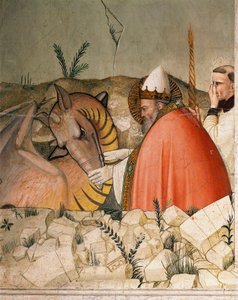 Episódios da vida de Ano Novo: Papa São Silvestre I (Silvester ou Silvestro) (314-335) fecha a boca do dragão. Detalhe. Fresco por Maso di Banco (conhecido por volta de 1341-1346) Florença do século XIV, Chiesa di Santa Croce, Cappella Bardi