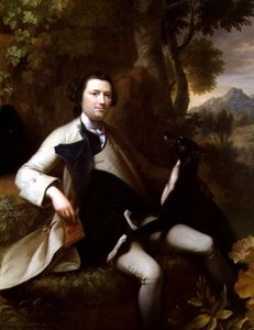 Francis Popham (d.1780) sentado numa paisagem arborizada com o seu Greyhound (óleo sobre tela) de Mason Chamberlain