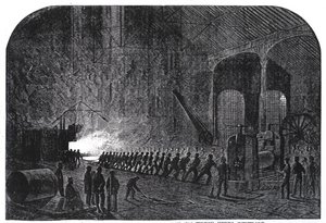 Processo de laminação de armaduras para os navios de Sua Majestade na Alas Steelworks, Sheffield, ilustração de "The Illustrated London News", 14 de setembro de 1861