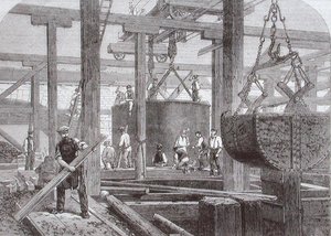 Vista dos trabalhos de construção na Ponte Blackfriars para a London, Chatham e Dover Railway mostrando o afundamento de um cilindro para um dos pilares de pedra circular