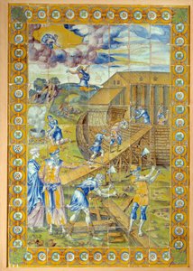 A construção da Arca do Noé. Painel esquerdo do tríptico representando 3 episódios do dilúvio. Cerâmica da Masseot Abaquesne (Conhecida por volta de 1526 - antes de 1564)