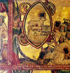 O Cordeiro, segurando o livro dos Sete Selos, adorado pelos Anciãos, século XIV-15