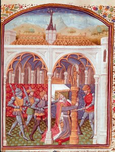 Assassinato de um rei miniatura retirado de "Casos de infortúnios de homens e mulheres nobres" (De casibus) de Giovanni Boccaccio dit Jean Boccaccio (1313-1375), escritor italiano, traduzido por Laurent de Premierfait e iluminado pelo mestre de Dunois (15º